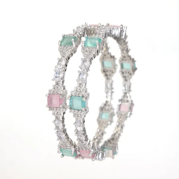 American_Diamond_Silver_Mint_Pink_Bangle_Set