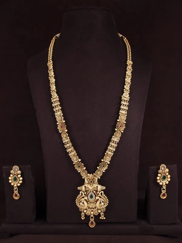 Antique_Long_Brass_Studded_With_American_Diamond_Necklace_Set