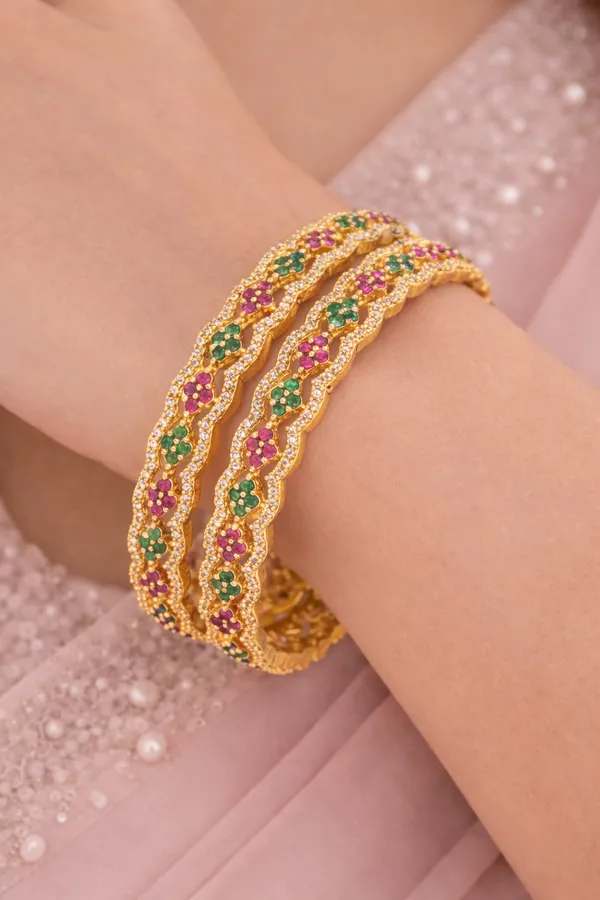 Elegant_Gold_Plated_Bangles_With_Green_And_Pink_Stones__Traditional_Indian_Jewelry_Set