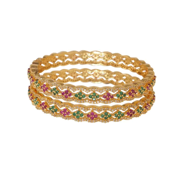 Elegant_Gold_Plated_Bangles_With_Green_And_Pink_Stones__Traditional_Indian_Jewelry_Set