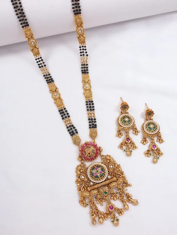 Gold_Plated_Black_Bead_Mangalsutra_Set_With_Ruby_&_Emerald_Coloured_Stones