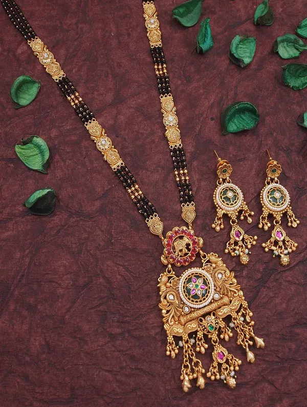 Gold_Plated_Black_Bead_Mangalsutra_Set_With_Ruby_&_Emerald_Coloured_Stones