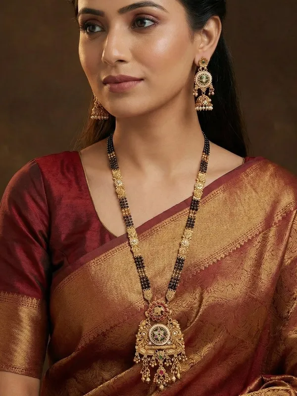 Gold_Plated_Black_Bead_Mangalsutra_Set_With_Ruby_&_Emerald_Coloured_Stones