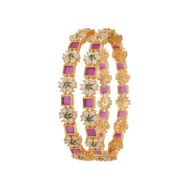 Gold_Plated_Floral_Design_Bangles_With_Ruby_And_Green_Stone_Embellishments_Set_Of_2