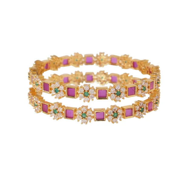 Gold_Plated_Floral_Design_Bangles_With_Ruby_And_Green_Stone_Embellishments_Set_Of_2