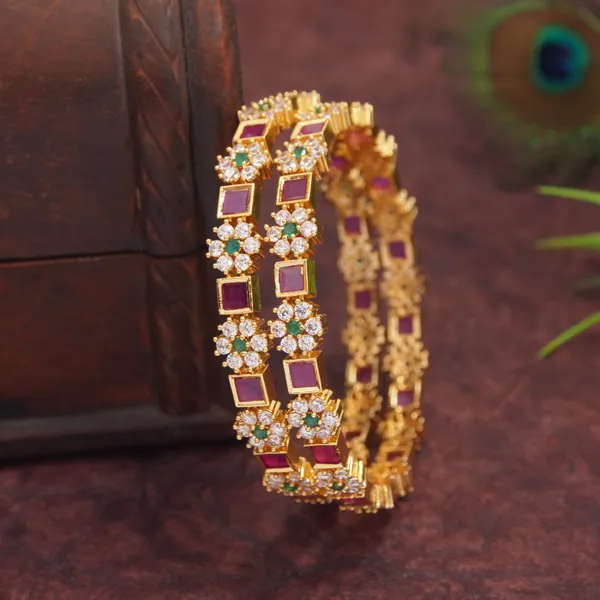 Gold_Plated_Floral_Design_Bangles_With_Ruby_And_Green_Stone_Embellishments_Set_Of_2