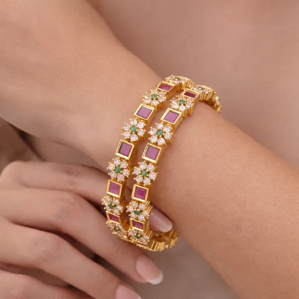 Gold_Plated_Floral_Design_Bangles_With_Ruby_And_Green_Stone_Embellishments_Set_Of_2