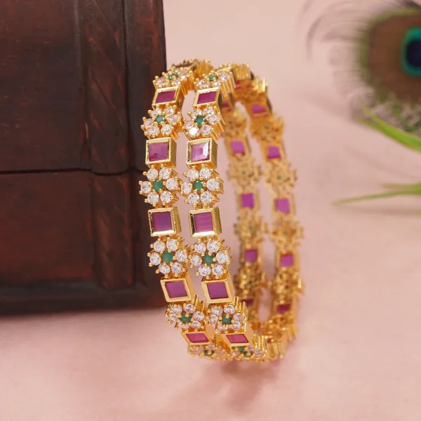 Gold_Plated_Floral_Design_Bangles_With_Ruby_And_Green_Stone_Embellishments_Set_Of_2