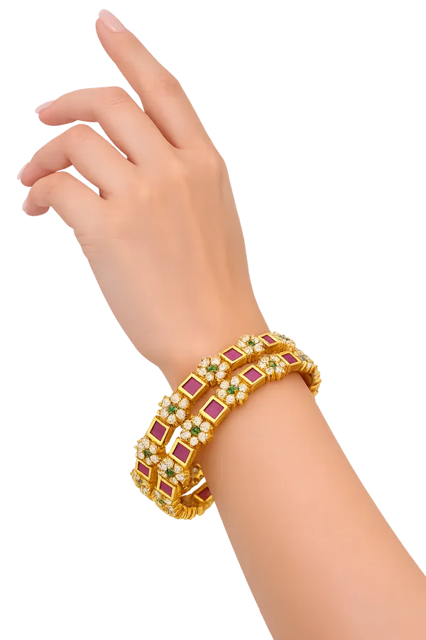 Gold_Plated_Floral_Design_Bangles_With_Ruby_And_Green_Stone_Embellishments_Set_Of_2