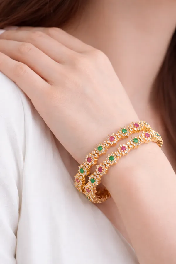 Gold_Plated_Floral_Stone_Studded_Bangle_Set_With_Ruby_&_Emerald_Accents