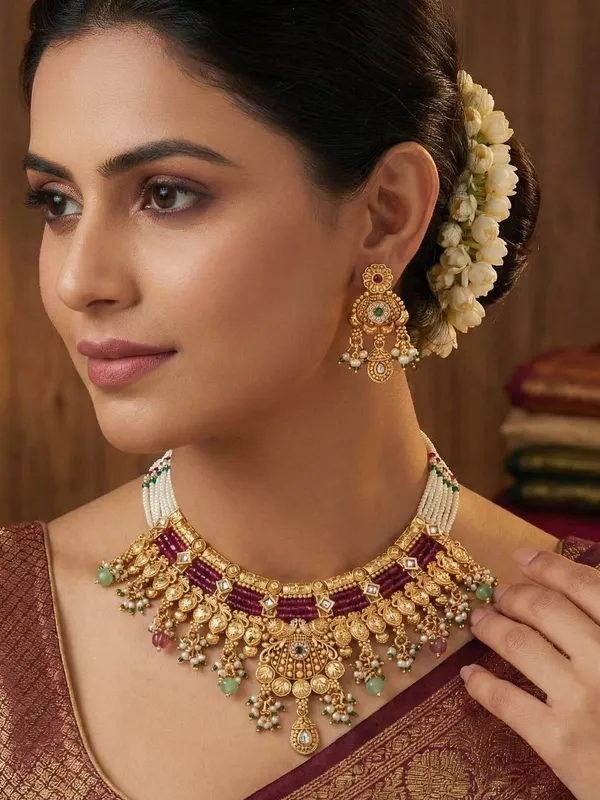 Gold_Plated_Traditional_Kundan_&_Pearl_Beaded_Choker_Necklace_Set_With_Ruby_Red_Accents