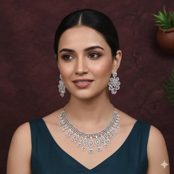 Pink__American_Diamond_Silver_Brass_Necklace_With_Earrings