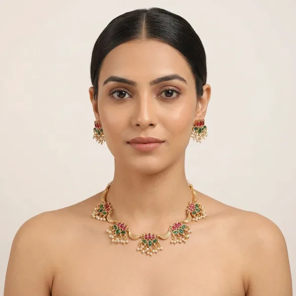 Royal_Floral_Green_&_Red_Beaded_Necklace_Set_With_Matching_Earrings