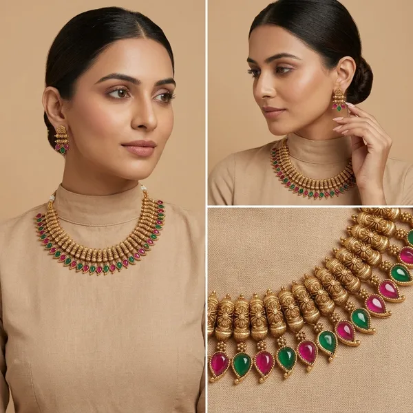 Traditional_Gold_Toned_Temple_Necklace_Set_With_Green_&_Red_Beads