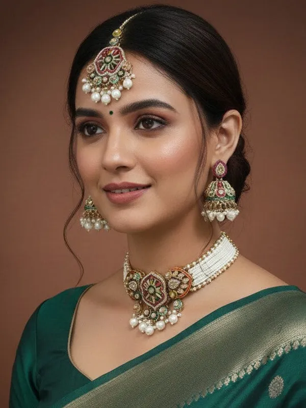 Royal_Multicolor_Kundan_Pearl_Choker_Set_With_Jhumka_Earrings_&_Maang_Tikka