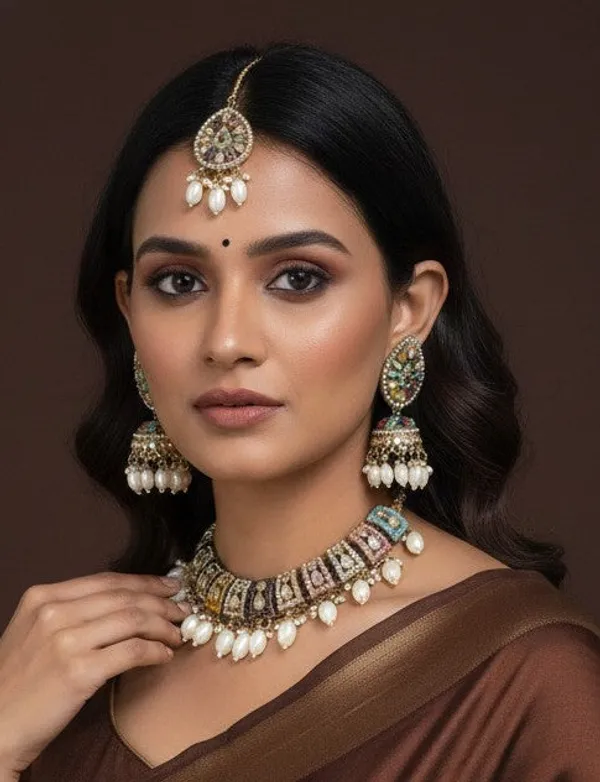 Royal_Multicolor_Kundan_Choker_Set_With_Pearl_Drops,_Jhumka_Earrings_&_Maang_Tikka