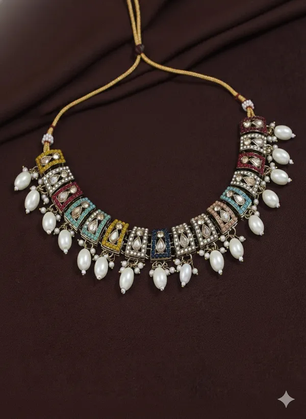 Royal_Multicolor_Kundan_Choker_Set_With_Pearl_Drops,_Jhumka_Earrings_&_Maang_Tikka