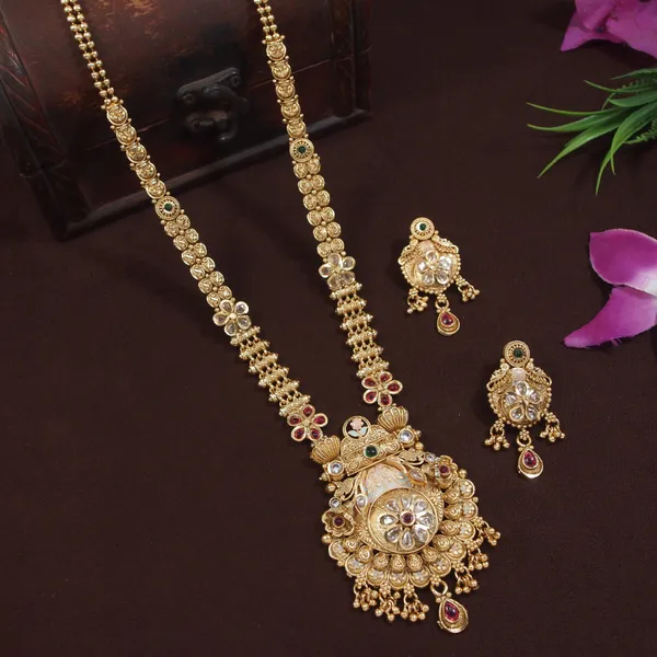 Royal_Temple_Design_Brass_Long_Necklace_Set_With_Kundan_&_Pearl_Embellishments