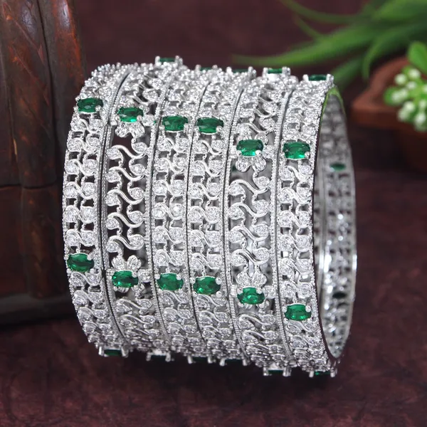 Silver_Finish_Green_White_Stone_Designer_Bangles__Set_Of_6