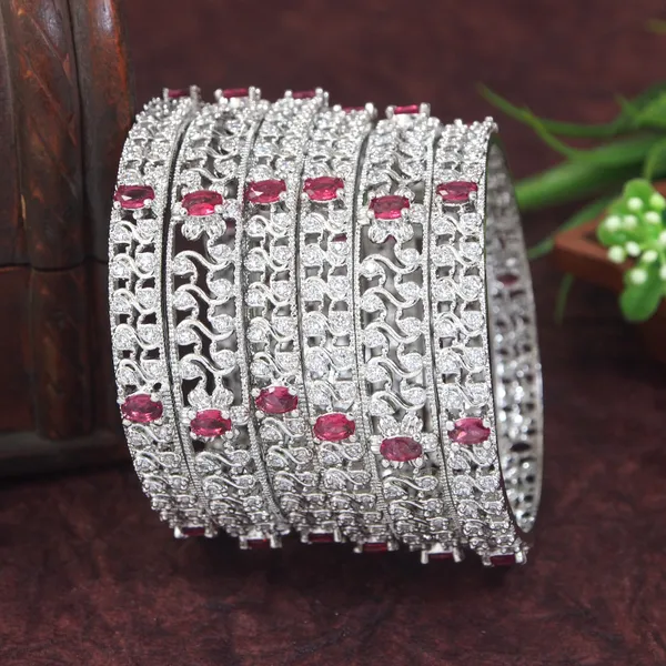 Silver_Finish_Ruby_White_Stone_Designer_Bangles_Set_Of_6