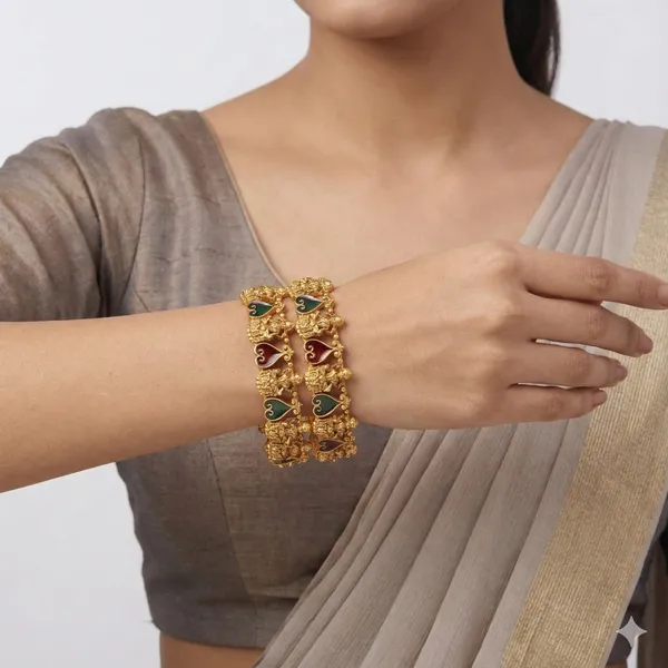 South_Indian_Lakshmi_Temple_Style_Matte_Gold_Bangles_With_Red_&_Green_Meenakari