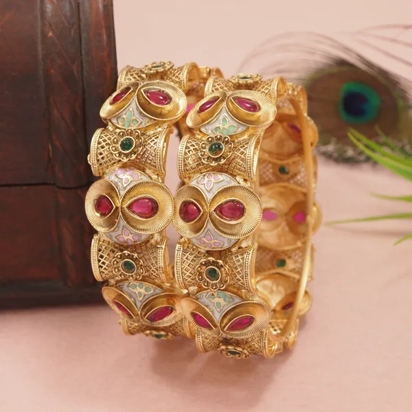 Traditional_Gold_Plated_Antique_Bangles_With_Ruby_&_Green_Stone_&_Meenakari_Work