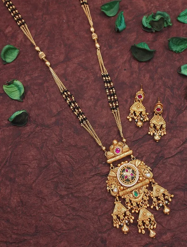 Traditional_Gold_Plated_Black_Bead_Mangalsutra_Set_With_Ruby_&_Emerald_Coloured_Stones