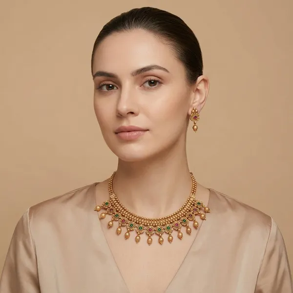 Traditional_Gold_Plated_Necklace_Set_With_Green_And_Red_Stone_Embellishments_&_Matching_Earrings