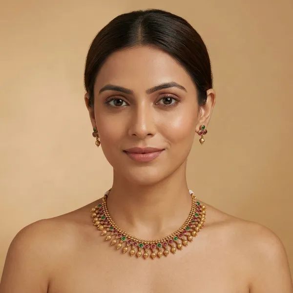 Traditional_Gold_Plated_Necklace_Set_With_Green_And_Red_Stone_Embellishments_&_Matching_Earrings