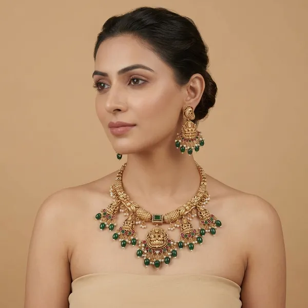 Traditional_Gold_Plated_Temple_Necklace_Set_With_Lakshmi_Motifs,_Green_&_Red_Stones,_And_Pearl_Accents