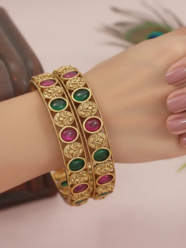 Traditional_Matte_Gold_Plated_Brass_Bangles_For_Women_With_Ruby_&_Green_Kampo