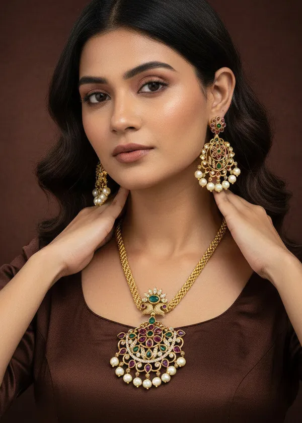 Traditional_Peacock_Pendant_&_Earrings_Set_With_Pearls_And_Stones