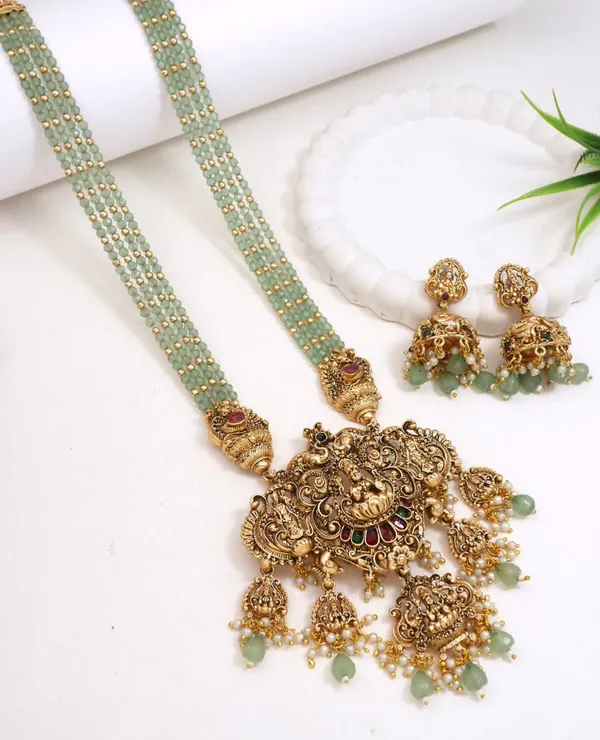 Antique_Gold_Temple_Necklace_Set_With_Lakshmi_Pendant_And_Mint_Beads