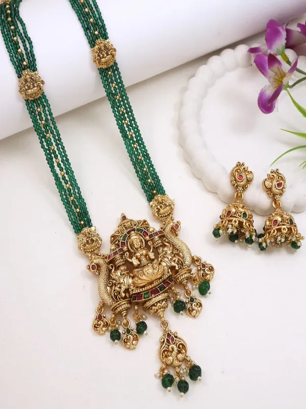 Traditional_Temple_Necklace_Set_With_Antique_Gold_Lakshmi_Pendant_&_Green_Beads