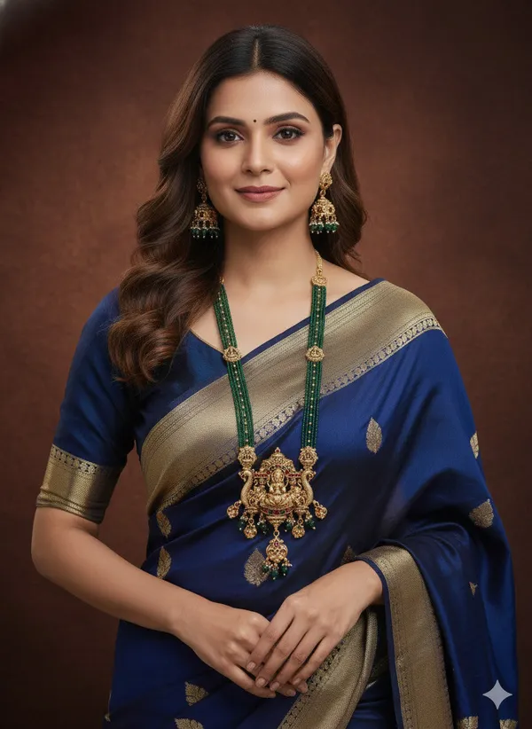 Traditional_Temple_Necklace_Set_With_Antique_Gold_Lakshmi_Pendant_&_Green_Beads