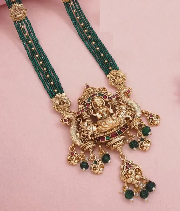 Traditional_Temple_Necklace_Set_With_Antique_Gold_Lakshmi_Pendant_&_Green_Beads