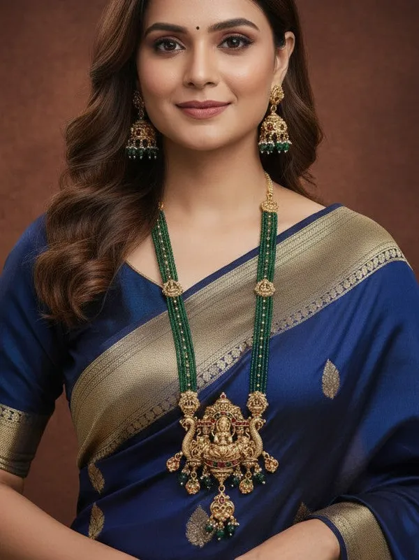 Traditional_Temple_Necklace_Set_With_Antique_Gold_Lakshmi_Pendant_&_Green_Beads