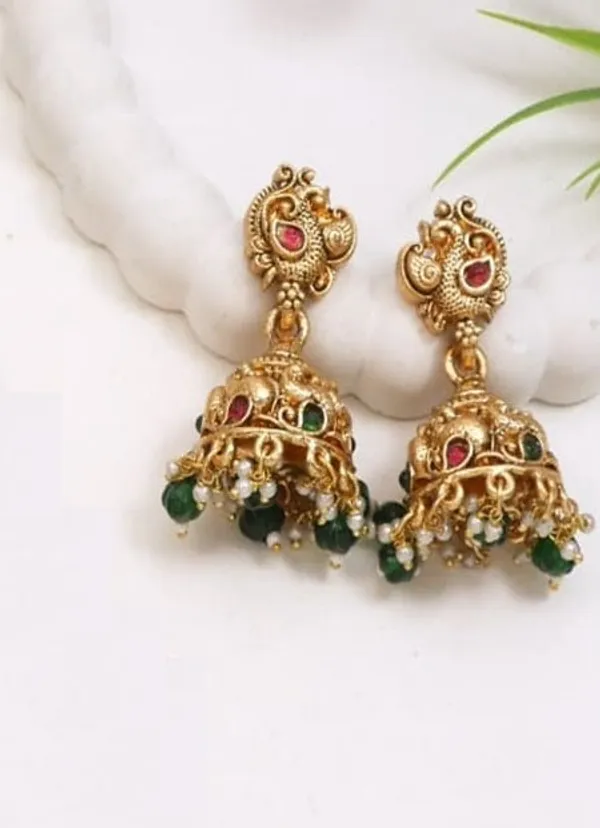 Traditional_Temple_Necklace_Set_With_Antique_Gold_Lakshmi_Pendant_&_Green_Beads