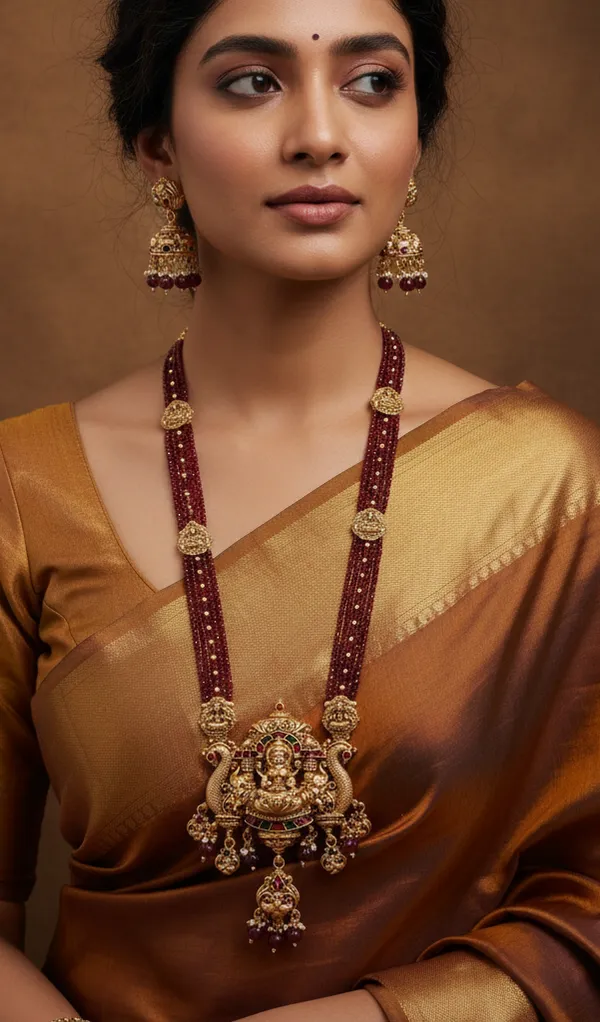 Traditional_Temple_Necklace_Set_With_Antique_Gold_Lakshmi_Pendant_&_Ruby_Beads