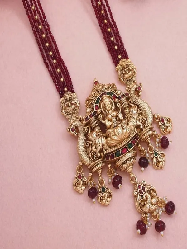 Traditional_Temple_Necklace_Set_With_Antique_Gold_Lakshmi_Pendant_&_Ruby_Beads