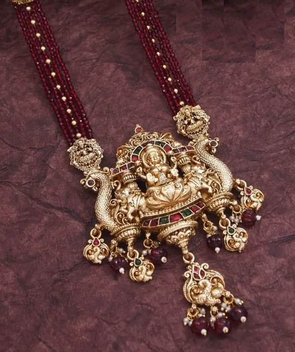 Traditional_Temple_Necklace_Set_With_Antique_Gold_Lakshmi_Pendant_&_Ruby_Beads