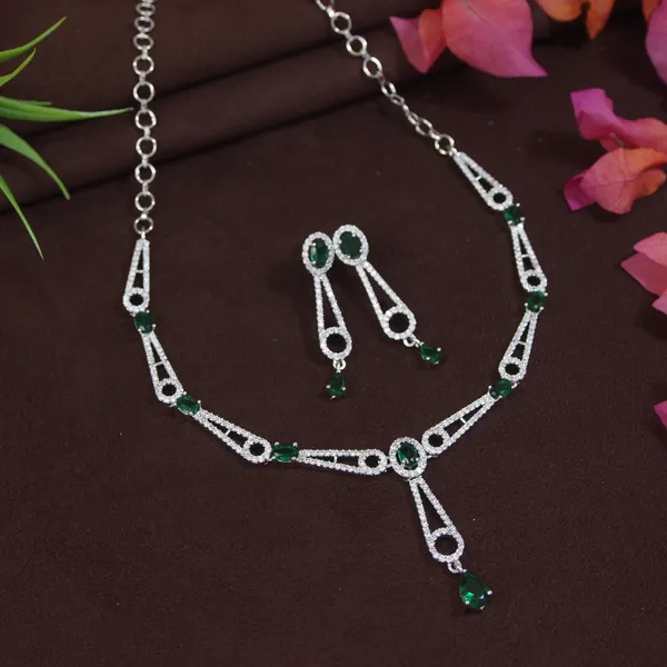 Vintage_Inspired_American_Diamond_Necklace_Set_With_Green_&__Stones