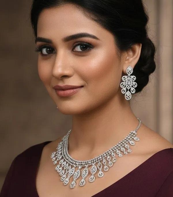 American_Diamond_Silver_Brass_Necklace_With_Earrings