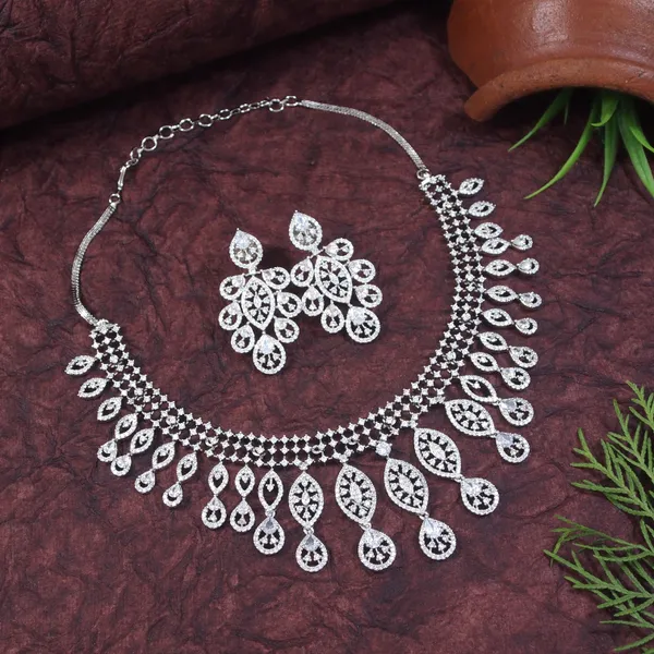 American_Diamond_Silver_Brass_Necklace_With_Earrings