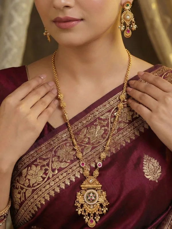 Women_Antique_Gold_Plated_Heritage_Temple_Long_Necklace_Set_With_Earrings