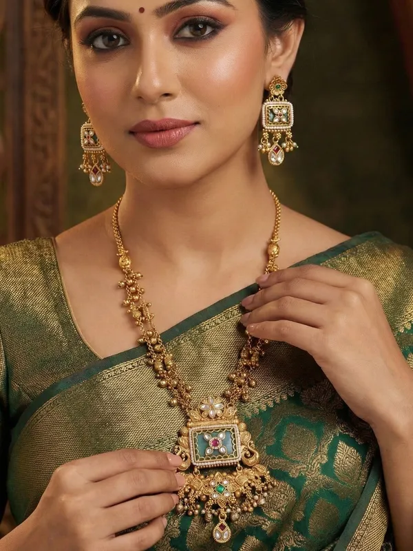 Women_Antique_Gold_Toned_Heritage_Long_Haram_With_Drop_Earrings