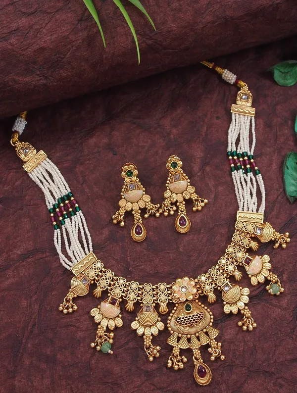 Women_Gold_Toned_Multi_Strand_Pearl_Beaded_Necklace_&_Earrings_Set