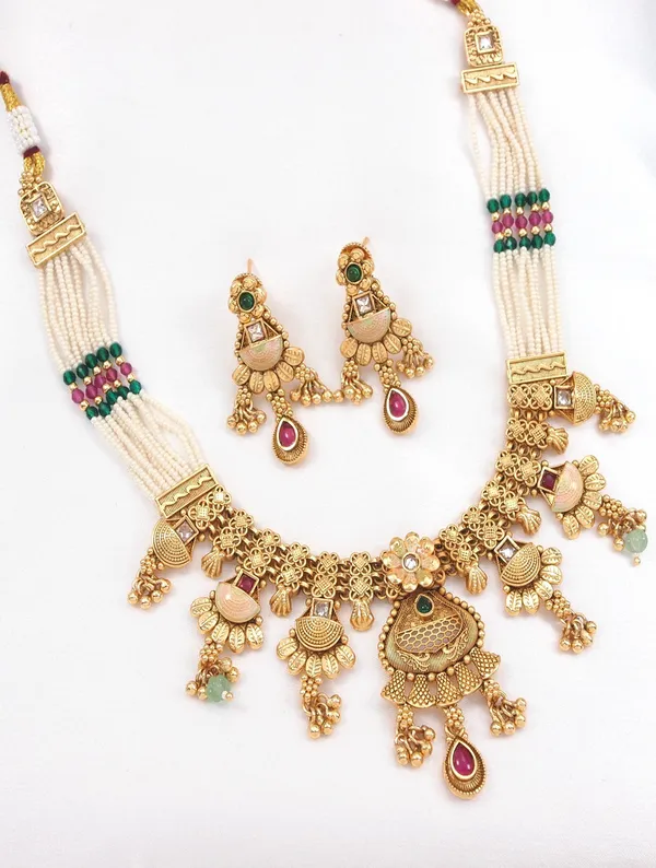 Women_Gold_Toned_Multi_Strand_Pearl_Beaded_Necklace_&_Earrings_Set