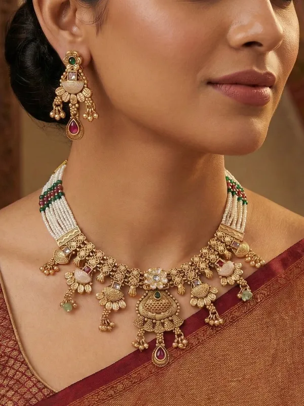 Women_Gold_Toned_Multi_Strand_Pearl_Beaded_Necklace_&_Earrings_Set