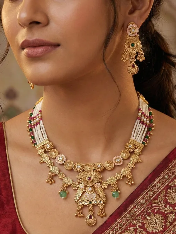 Women_Gold_Toned_Multi_Strand_Pearl_Beaded_Necklace_&_Earrings_Set